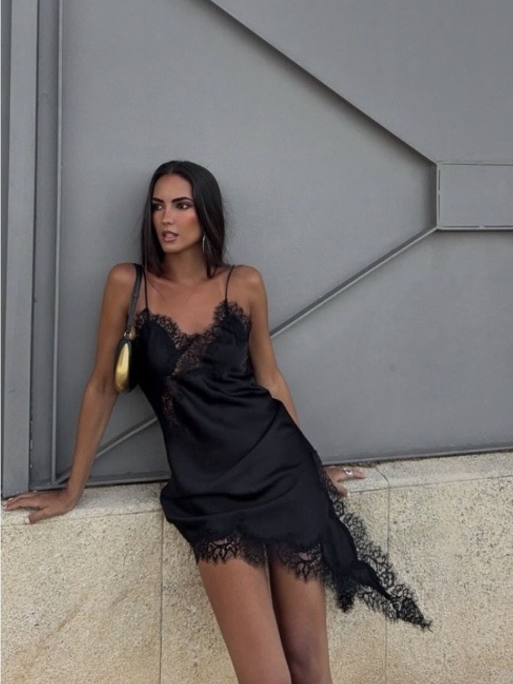 Black Asymmetrical Lace-Trim Slip Dress